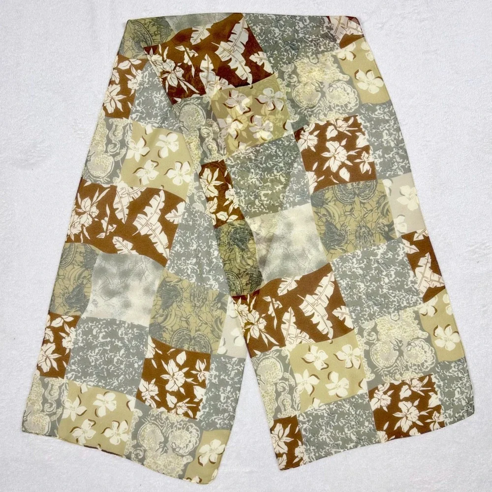 Patchwork Print Silk Scarf Floral Brown‎ Beige Oblong Lightweight Accessory